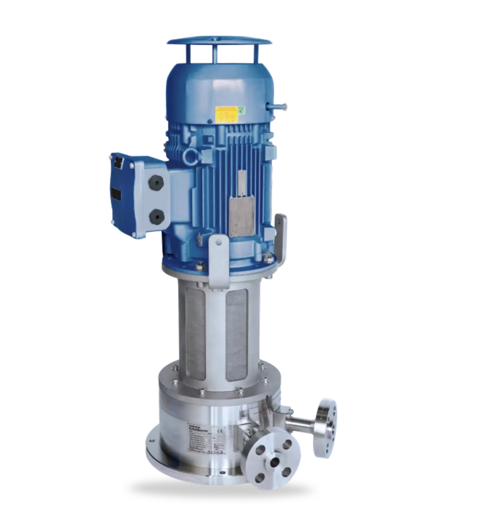 Vertikale Industriepumpe mit blauem Elektromotor und Edelstahlgehäuse für zuverlässige Fluidförderung in anspruchsvollen Prozessanwendungen.