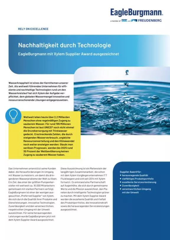 Nachhaltigkeit durch Technologie. Xylem Supplier Award.