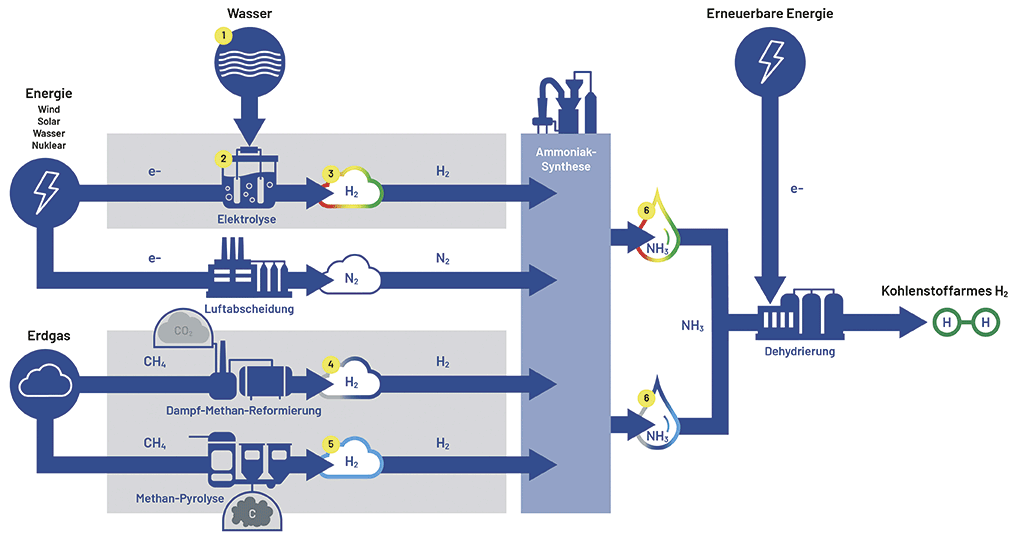 Illustrierter Prozessablauf der Wasserstoffproduktion mittels Elektrolyse und Erdgasreformierung, mit Ammoniaksynthese und Dehydrierung für Anwendungen im Bereich kohlenstoffarmer Energie.