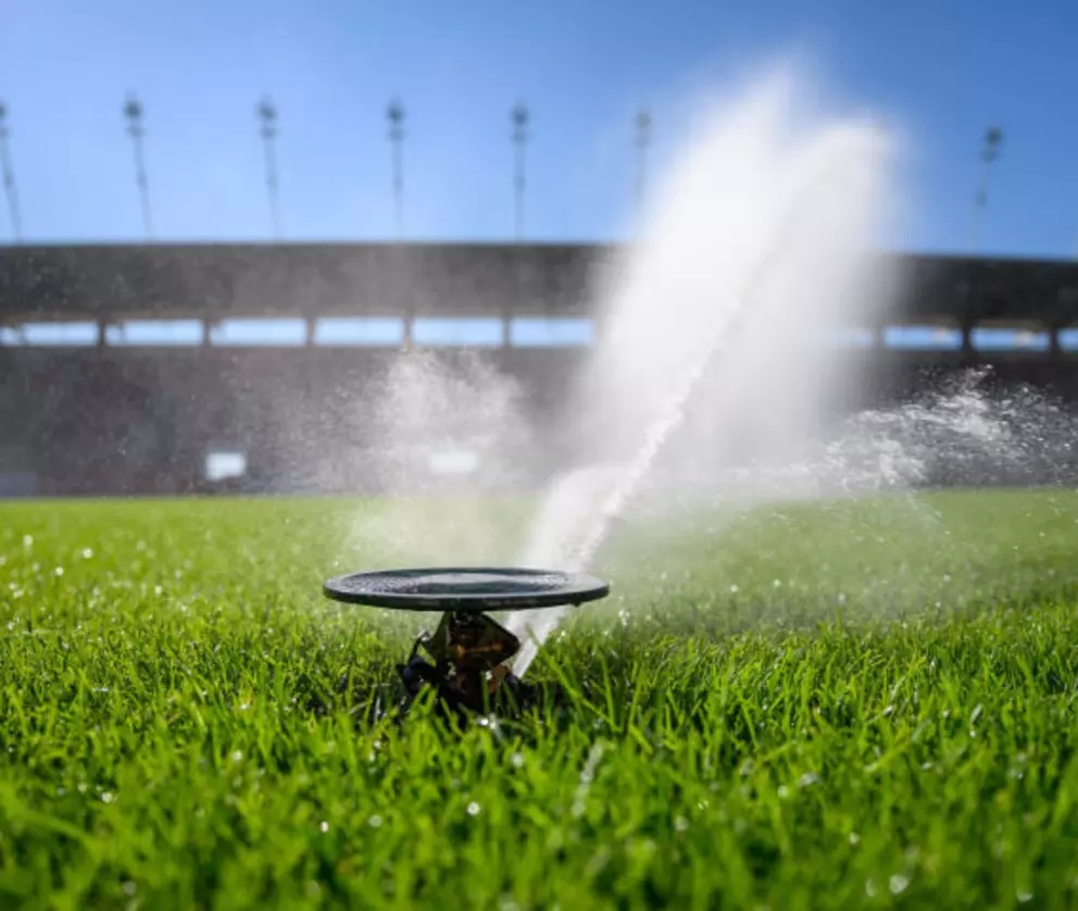 Automatic sprinkler system watering green grass on a sports field under bright sunlight.