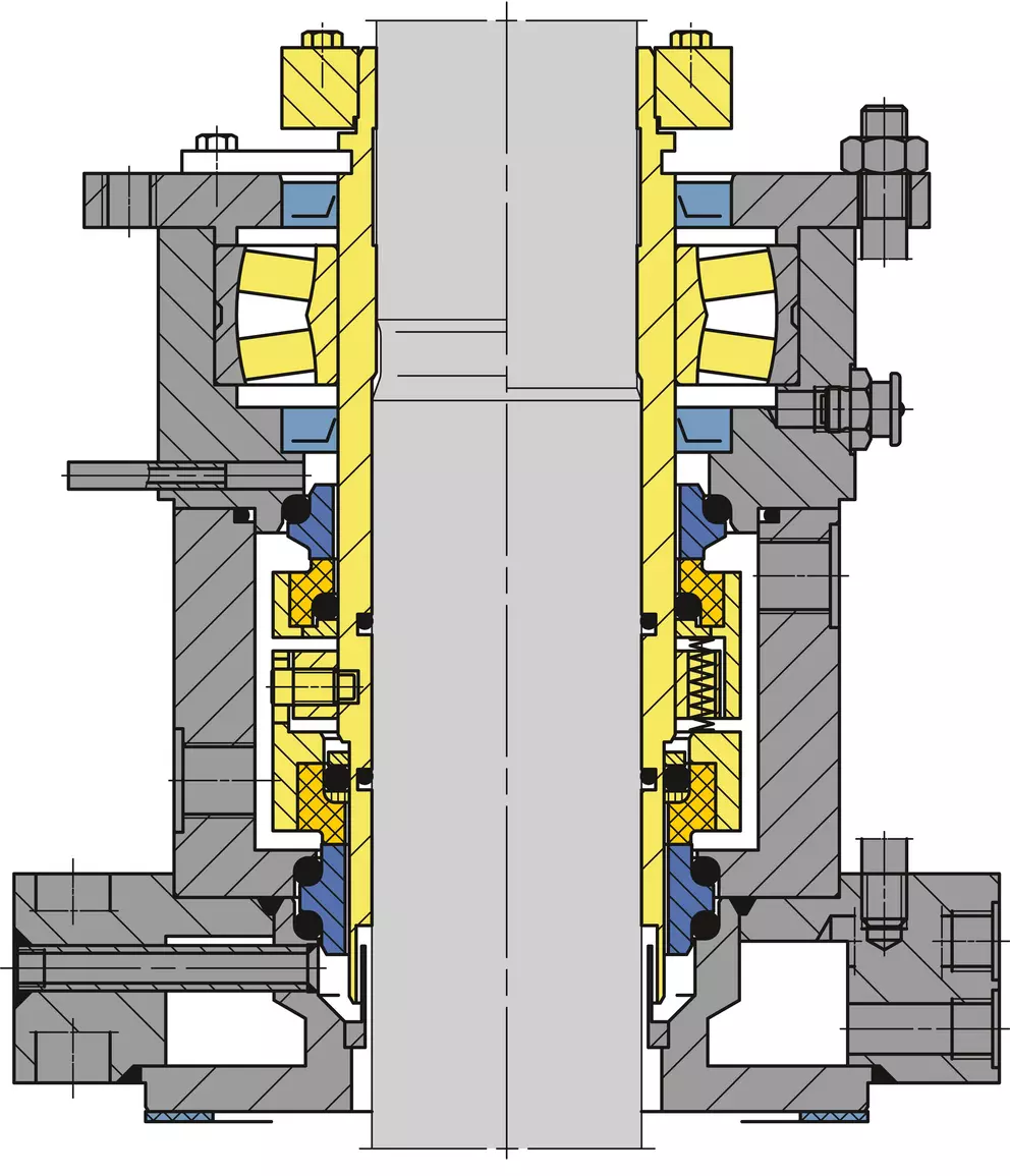 A detailed cross-section diagram of an industrial mechanical assembly, showing a central shaft (gray) supported by bearings (yellow and white) and sealed by complex mechanical seals (yellow and blue) within a housing (dark gray).