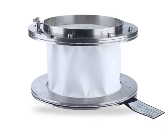 White fabric expansion joint with metal flanges for flexible movement compensation in hygienic process and industrial piping systems.