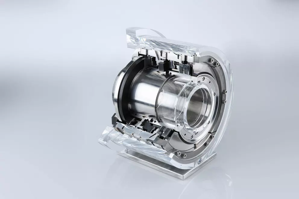Transparente Schnittdarstellung einer industriellen Gasdichtung zur Visualisierung von Aufbau, Funktionsweise und berührungsloser Dichtungstechnologie für Kompressoren und Turbomaschinen.