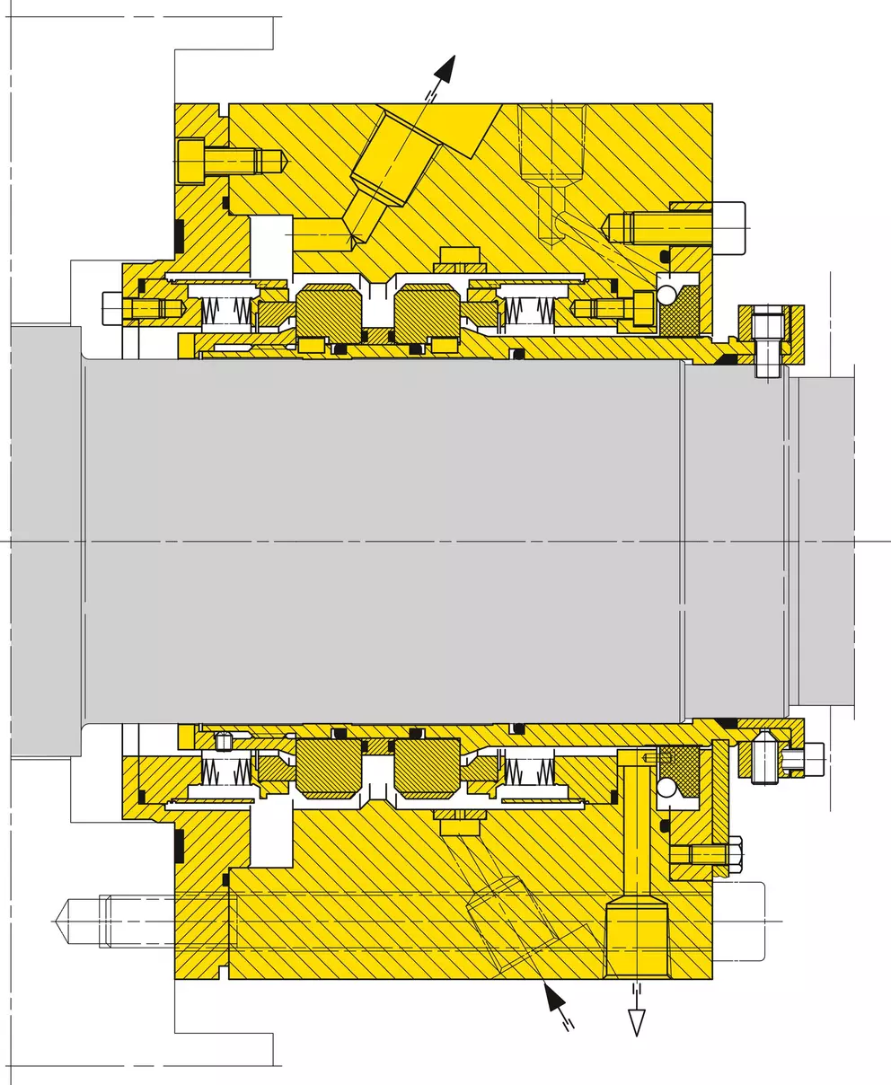 A cross-sectional engineering diagram of a double mechanical seal (yellow housing and components) fitted around a gray rotating shaft, showing springs, O-rings, and seal faces, with arrows indicating fluid flow/quench lines.