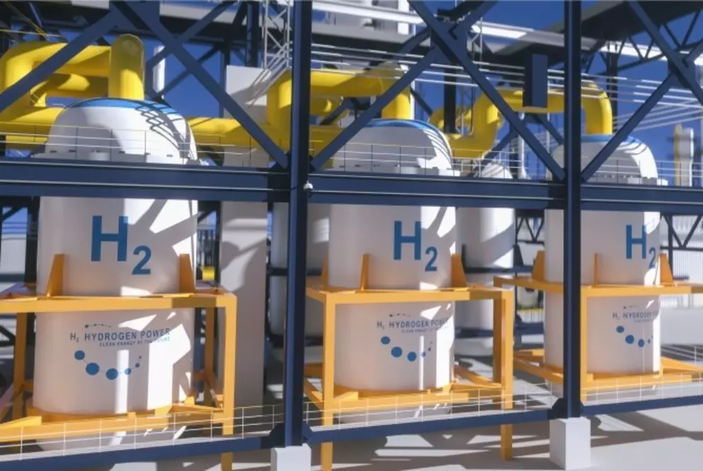 Industrial hydrogen storage tanks used for clean energy production and distribution, shown within a modern processing facility.