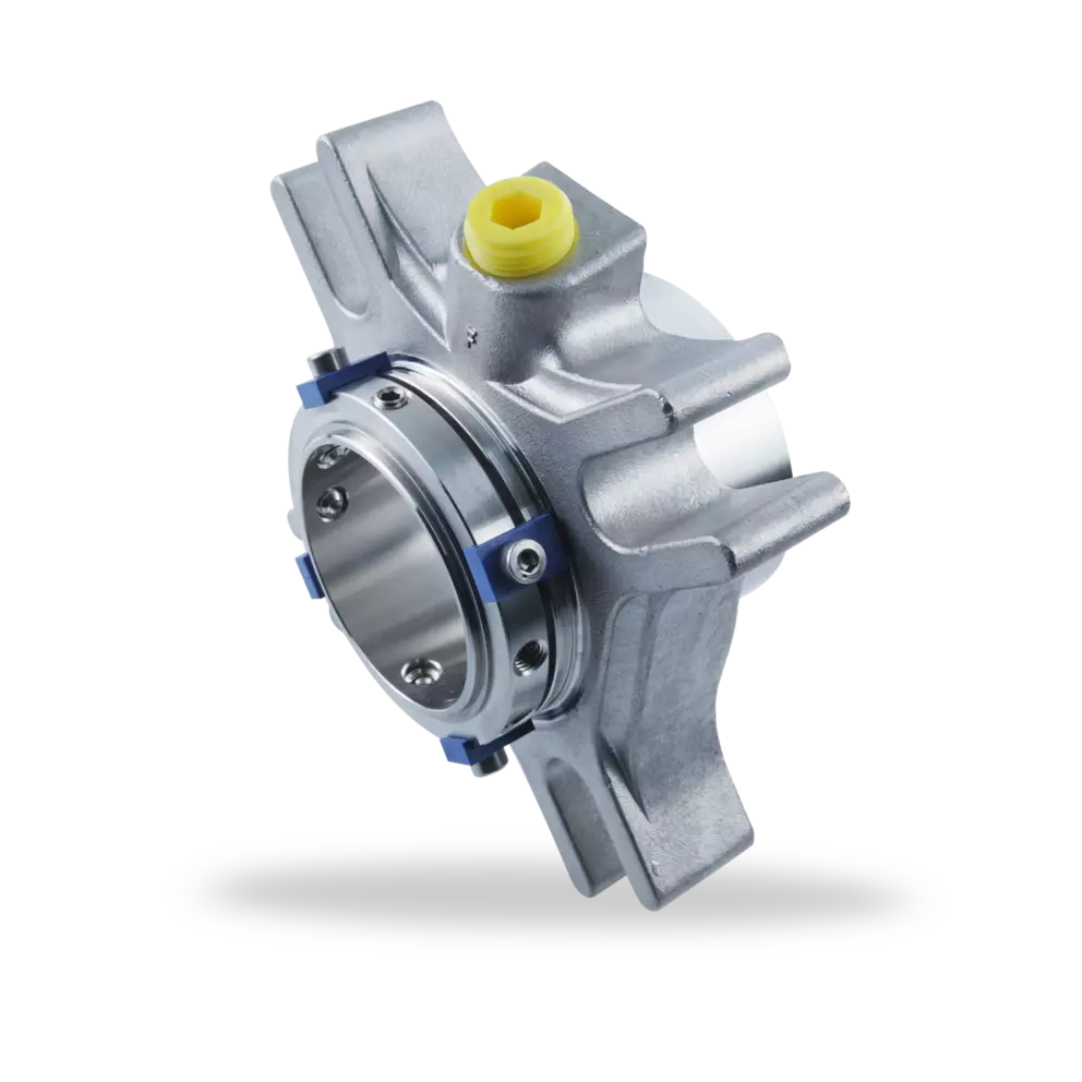 Industrial mechanical seal, metallic, with a distinct, finned outer housing and a yellow plug.