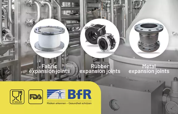 Fabric, rubber, and metal expansion joints for industrial applications certified by FDA and BfR standards.