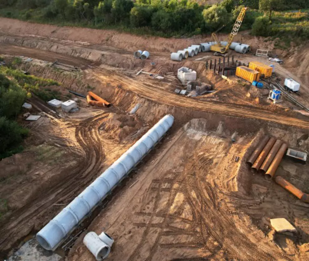 Baustelle für unterirdische Wasserleitungen und Infrastruktur mit schweren Maschinen und Betonrohren.
