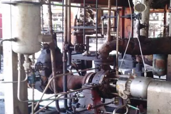 Sealed shafts of a horizontal pump in industrial operation at a facility in Mexico.
