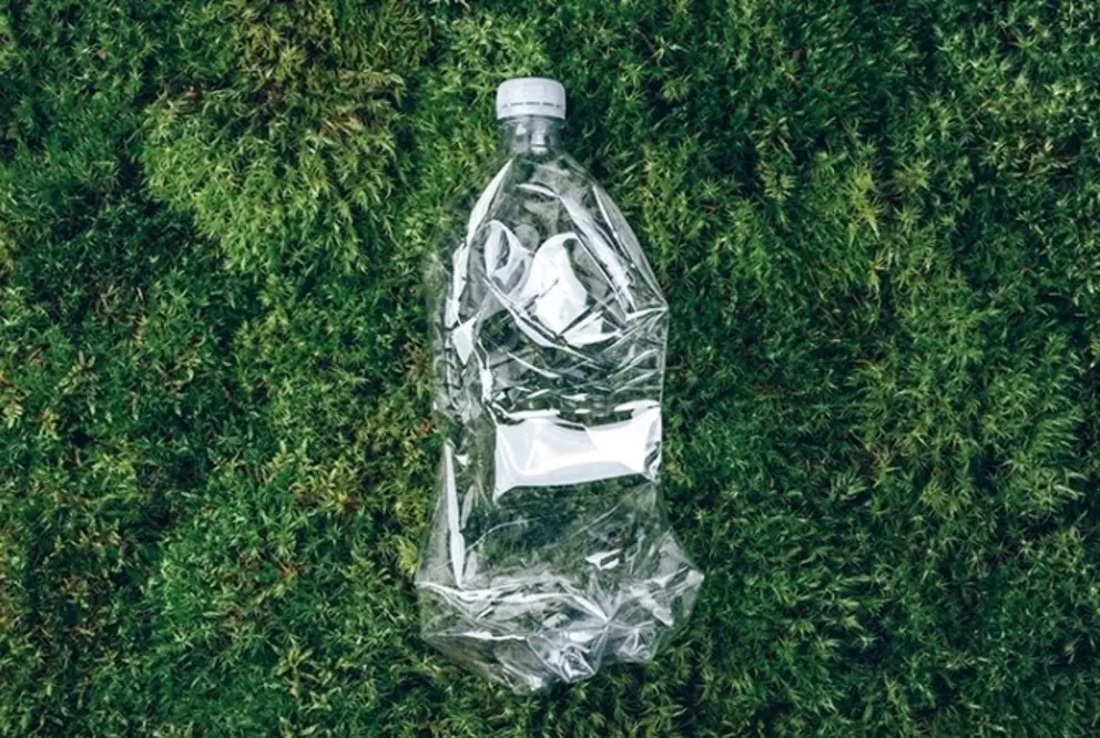 Zerknitterte Plastikflasche auf grünem Moos, die Umweltverschmutzung hervorhebt.
