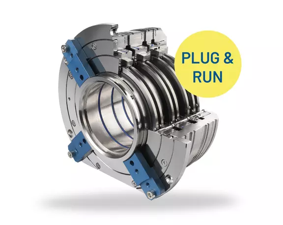 Industrial mechanical seal with plug-and-run functionality for easy installation and reliable sealing of rotating equipment.