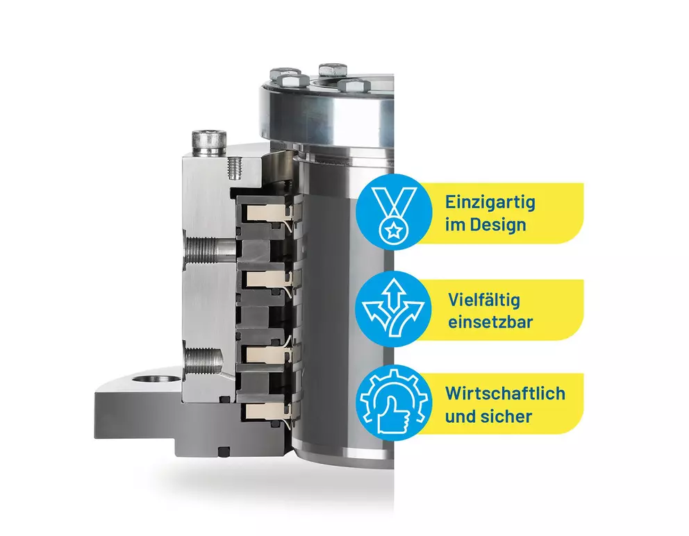 Querschnitt einer industriellen Gleitringdichtung, der innovatives Design, einfache Implementierung und kosteneffiziente Zuverlässigkeit für anspruchsvolle Pumpsysteme hervorhebt.
