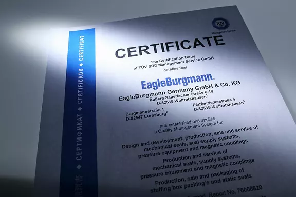 EagleBurgmann quality management certificate document, highlighting certified standards and compliance for mechanical seal and industrial sealing technology services.