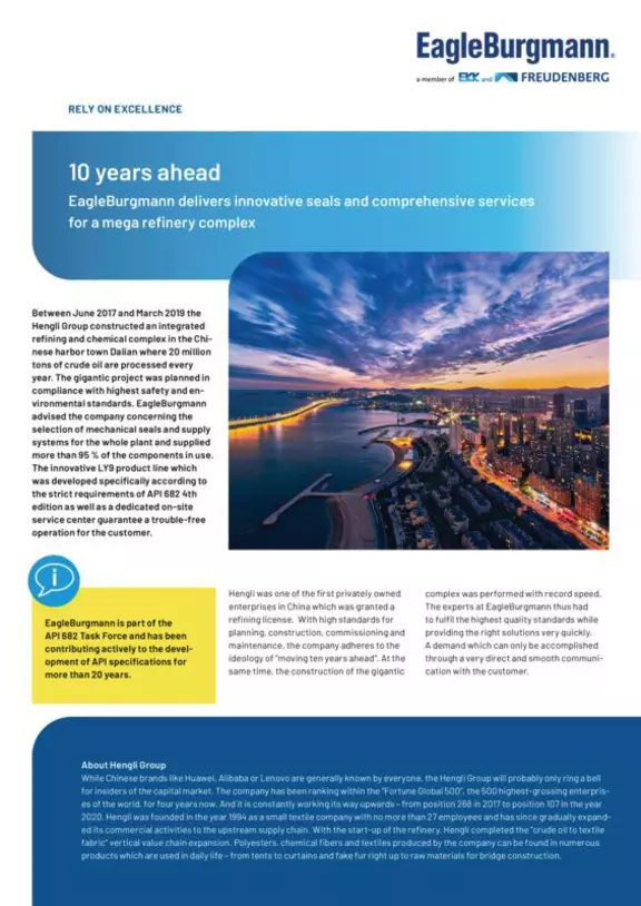 LY9. 10 years ahead. Seals and services for mega refinery complex. Hengli Group. China. Case Study. Solution.
