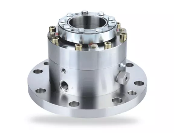 Industrial mechanical seal with flanged stainless steel housing for reliable sealing in pumps, compressors, and other rotating equipment.